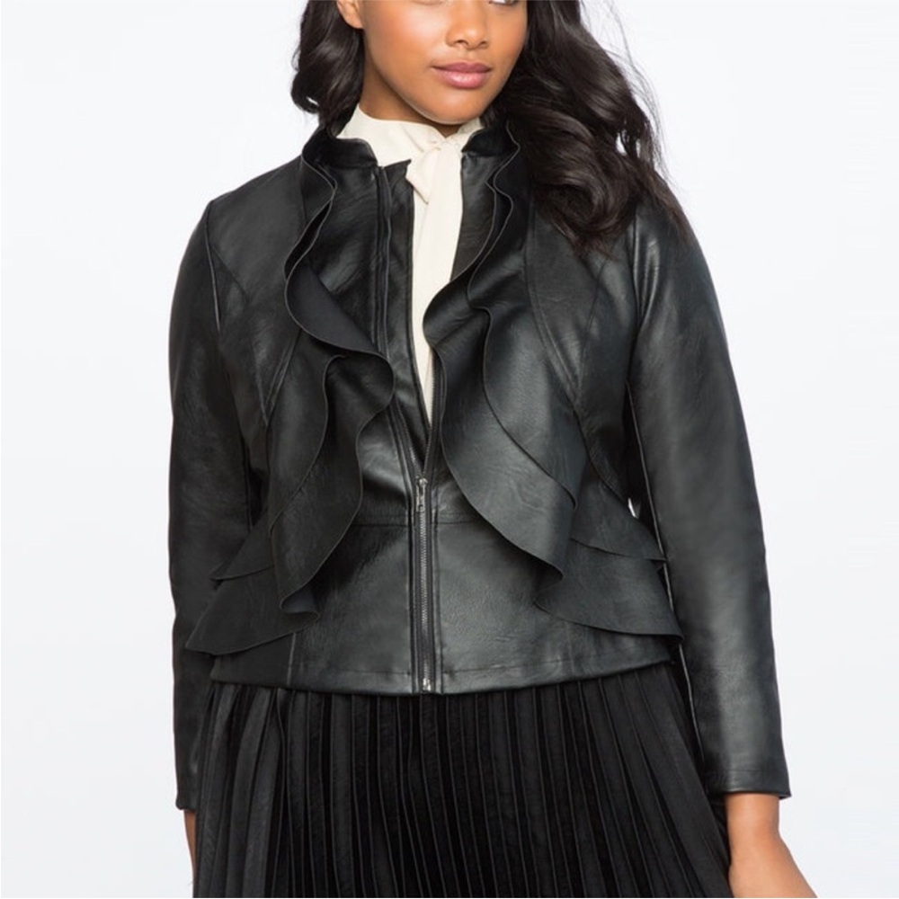 Eloquii Black Leather Jacket with Ruffle Detail